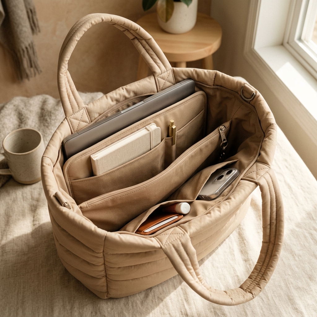 Inside VELYZE tote bag — organized compartments