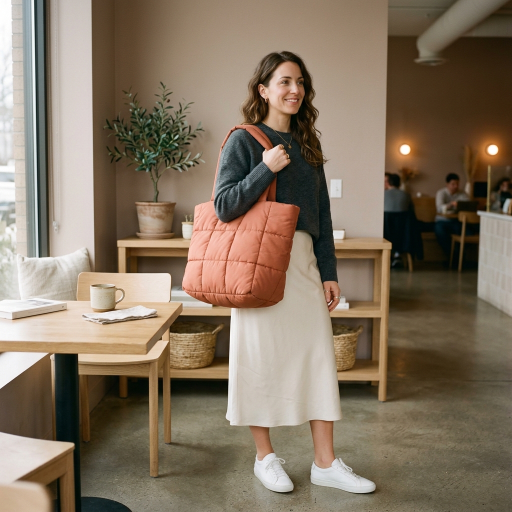 A Velyze woman holding a puffy tote bag