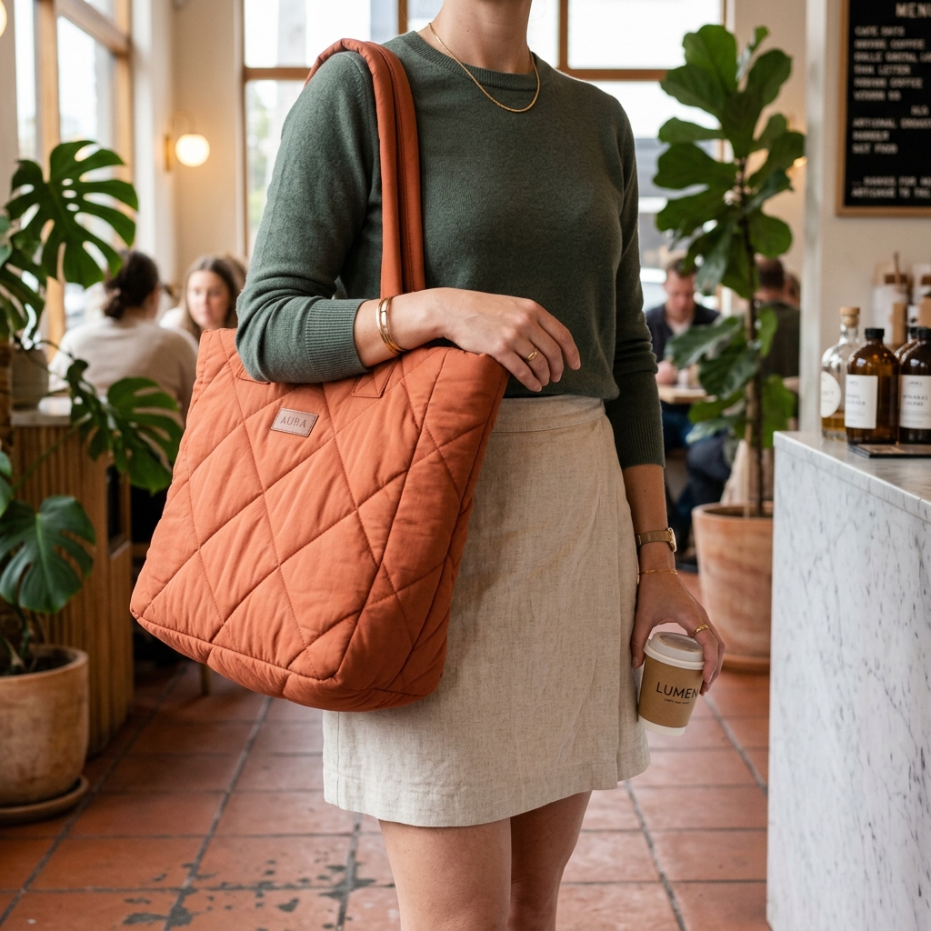 A stylish woman's torso wearing the Velyze puffy tote